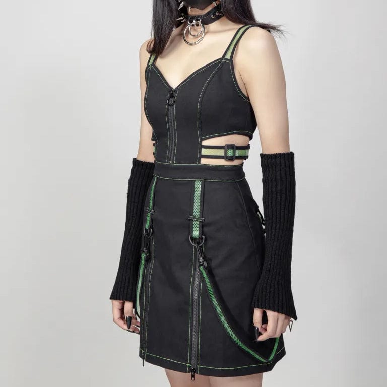 RNG Women's Punk Cutout Straps Zipper Slip Dress Green