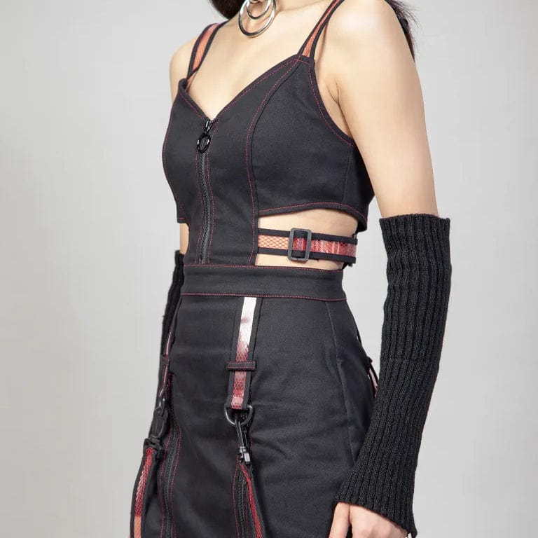 RNG Women's Punk Cutout Straps Zipper Slip Dress Red