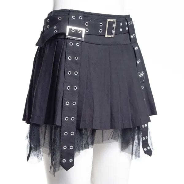 RNG Women's Punk Eyelet Buckled Pleated Skirt