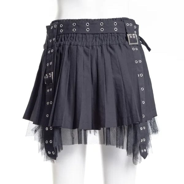 RNG Women's Punk Eyelet Buckled Pleated Skirt