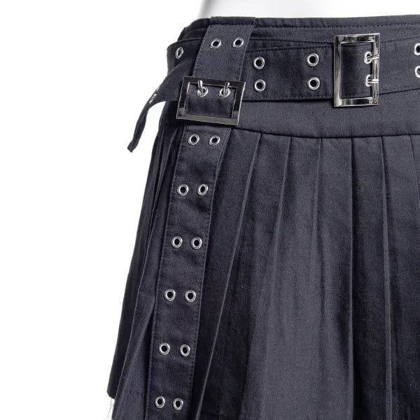 RNG Women's Punk Eyelet Buckled Pleated Skirt