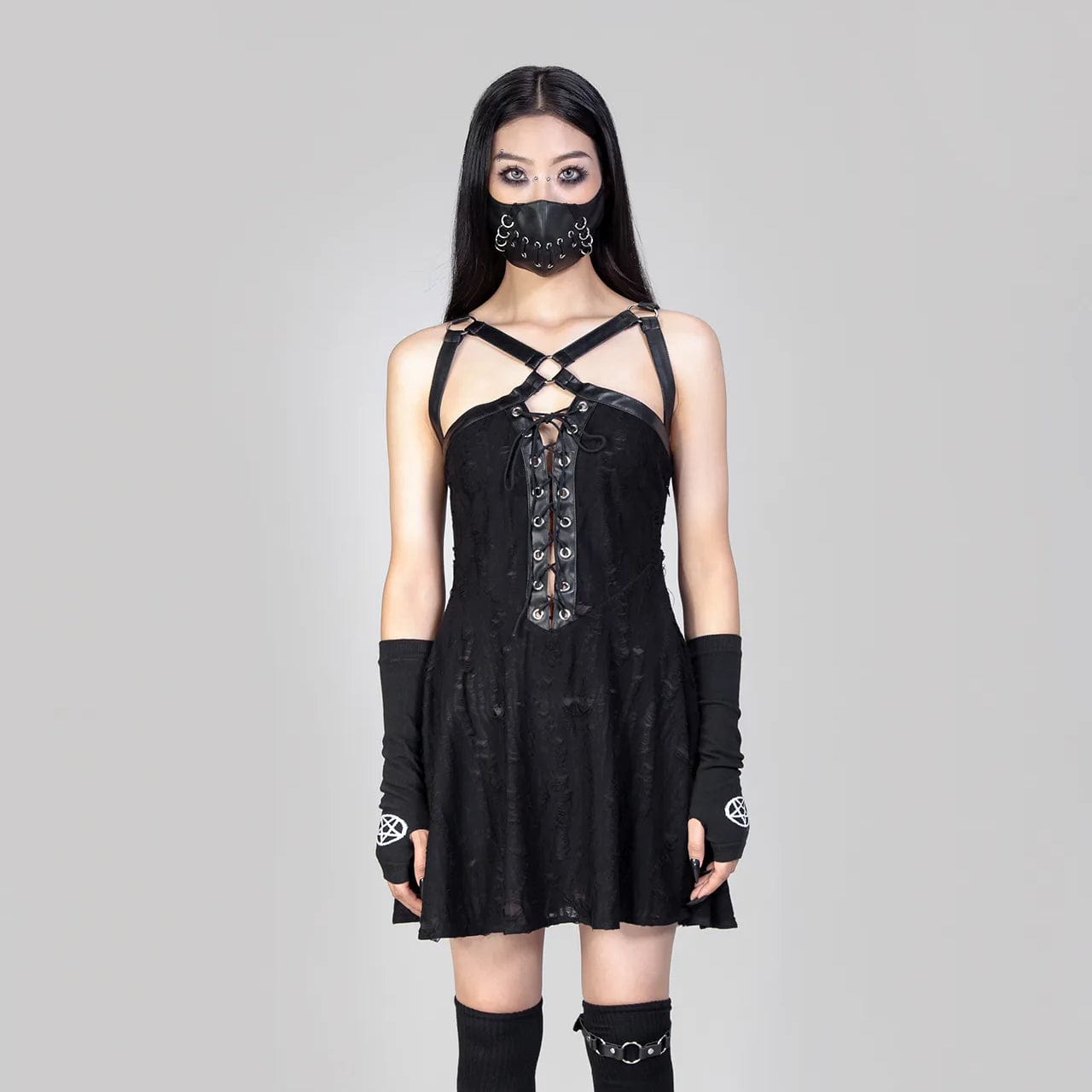 RNG Women's Punk Strap Ripped Lace-up Slip Dress
