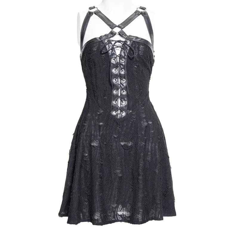 RNG Women's Punk Strap Ripped Lace-up Slip Dress