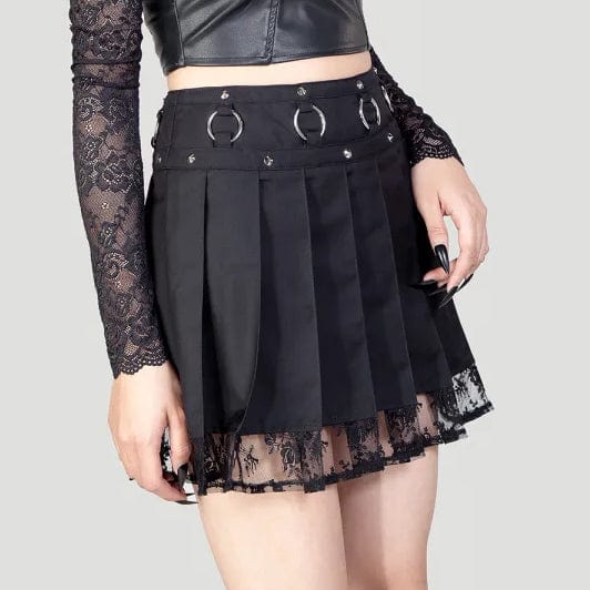RNG Women's Punk Studded Lace Splice Pleated Skirt