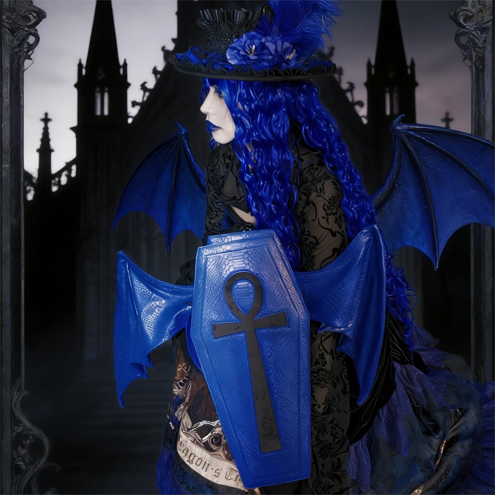 Vukora Women's Gothic Cross Bat Wing Coffin Bag Blue