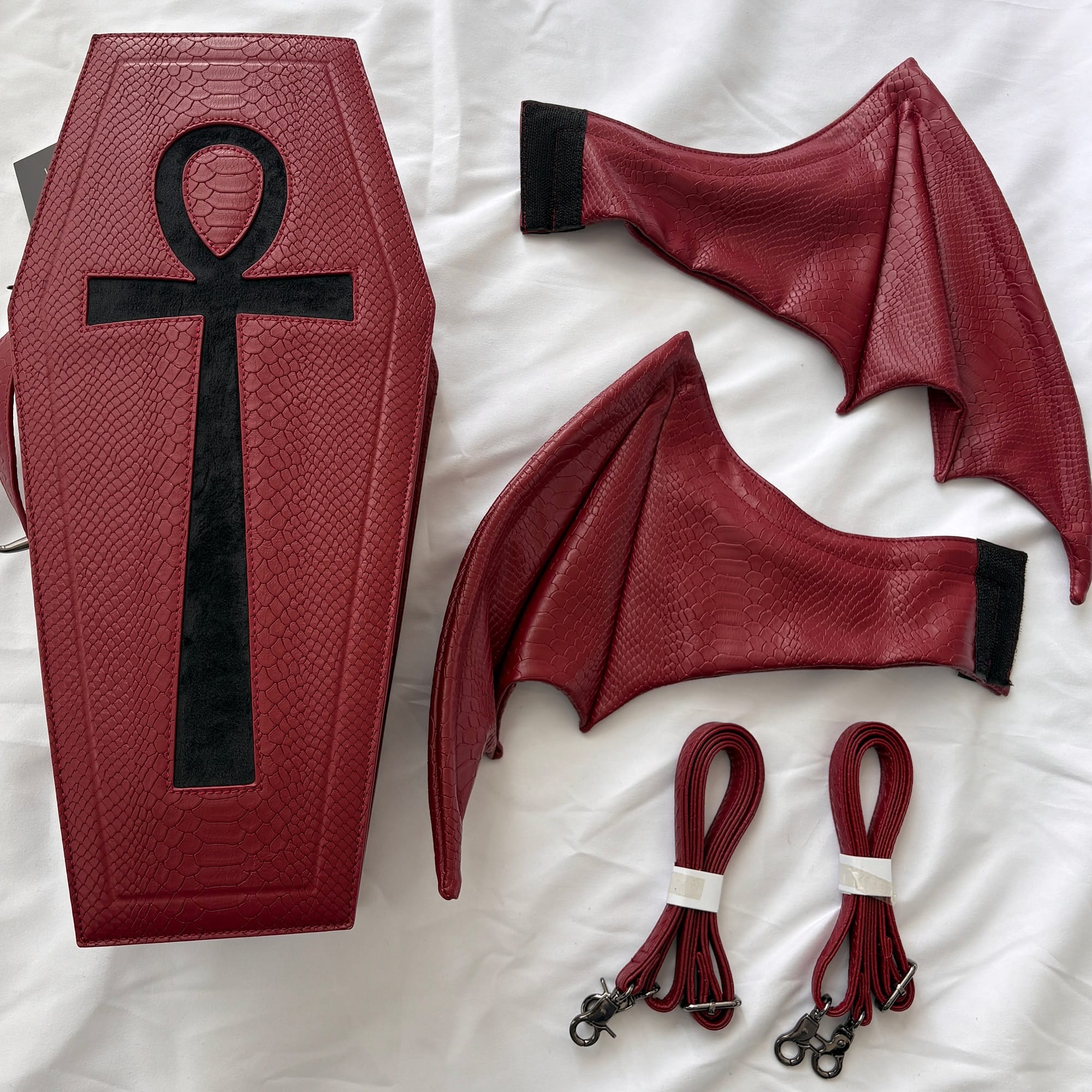 Vukora Women's Gothic Cross Bat Wing Coffin Bag Faux Leather Red