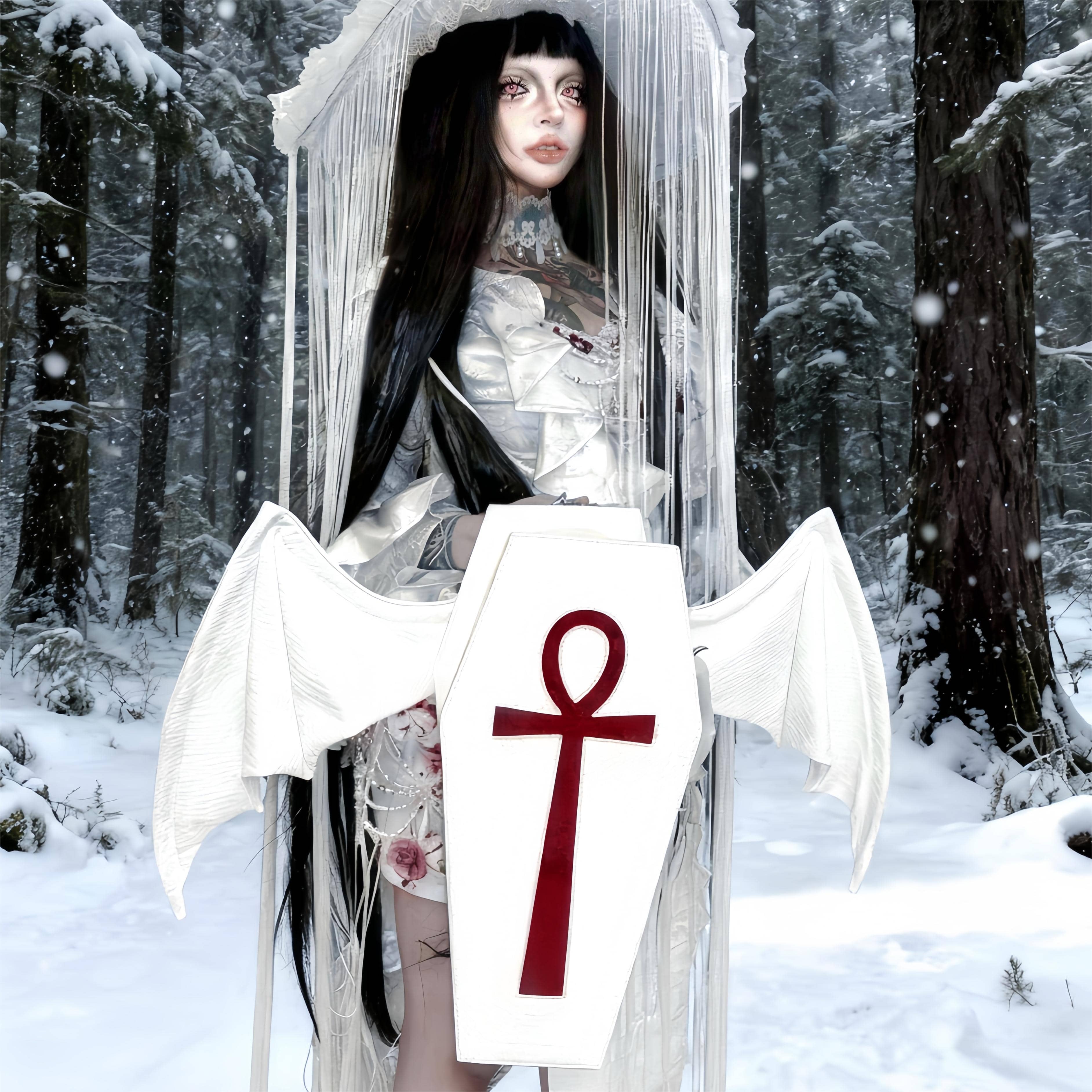 Vukora Women's Gothic Cross Bat Wing Coffin Bag White-Red