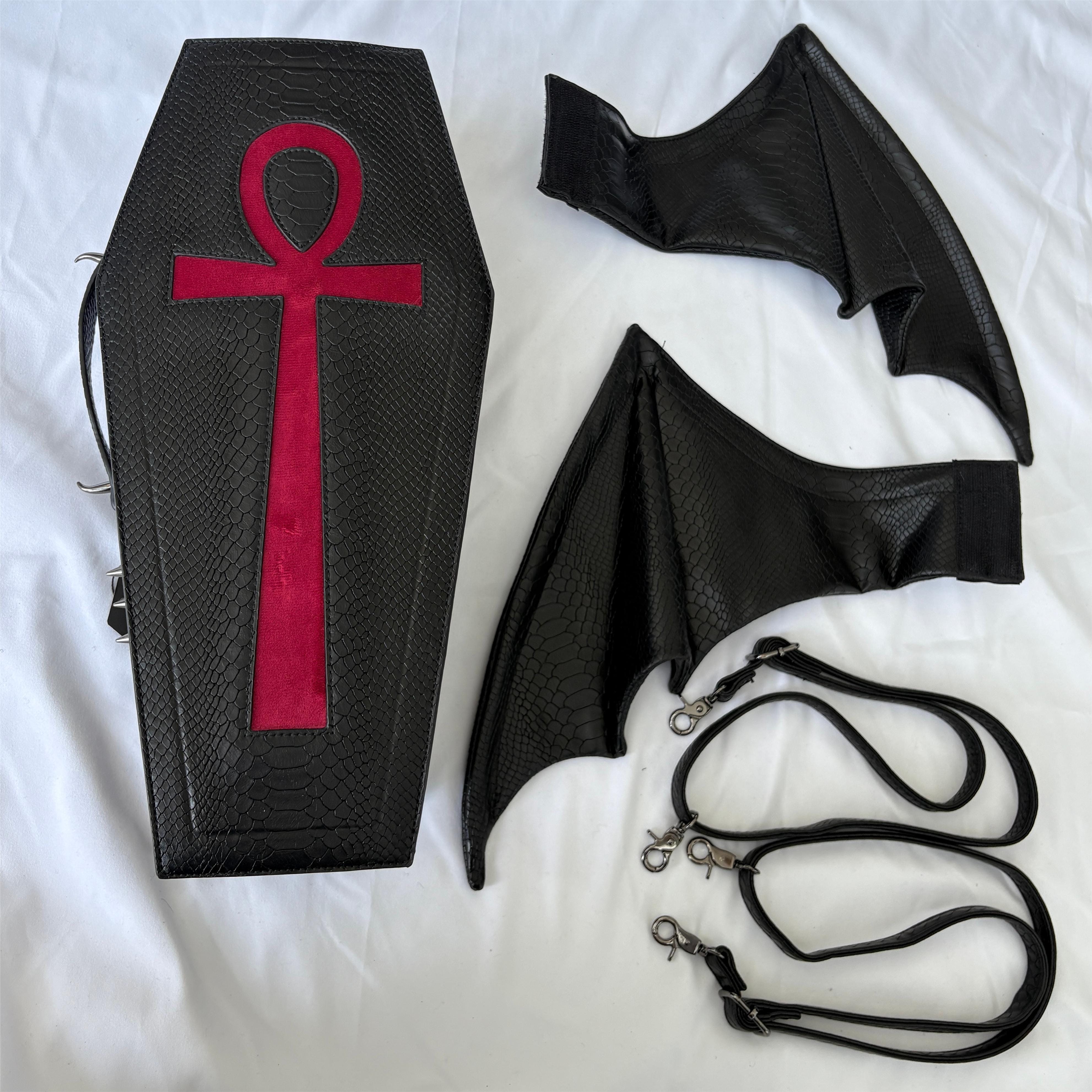 Vukora Women's Gothic Cross Bat Wing Coffin Faux Leather Bag Black