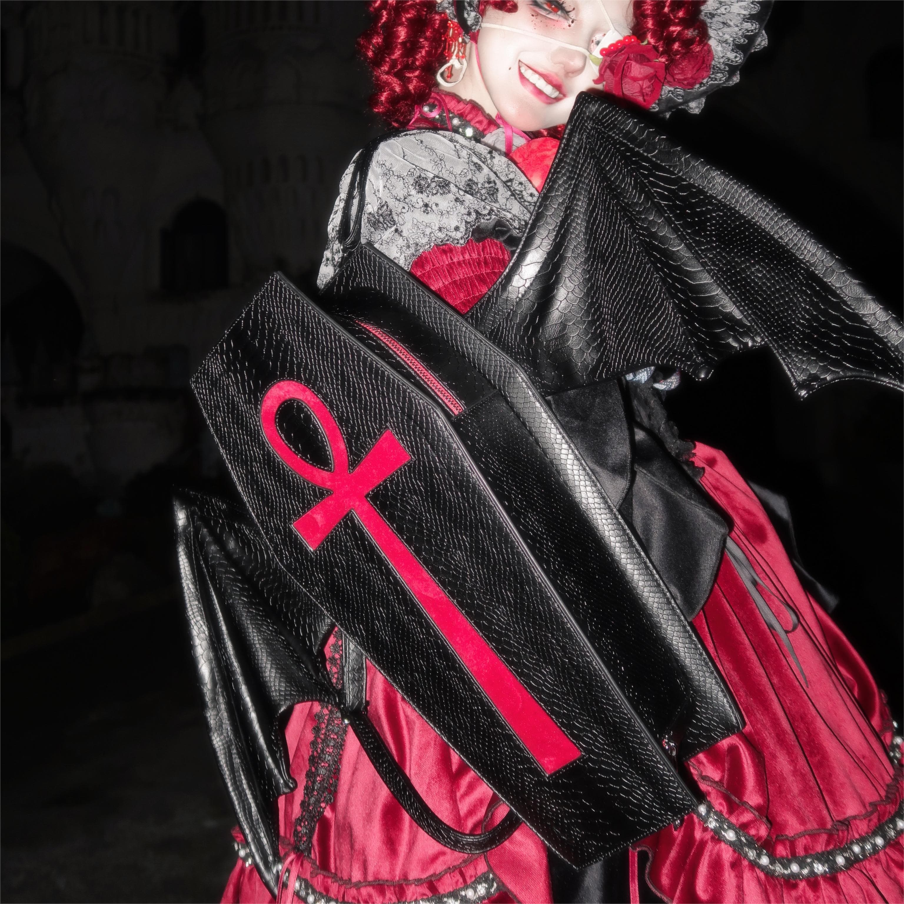Vukora Women's Gothic Cross Bat Wing Coffin Faux Leather Bag Black