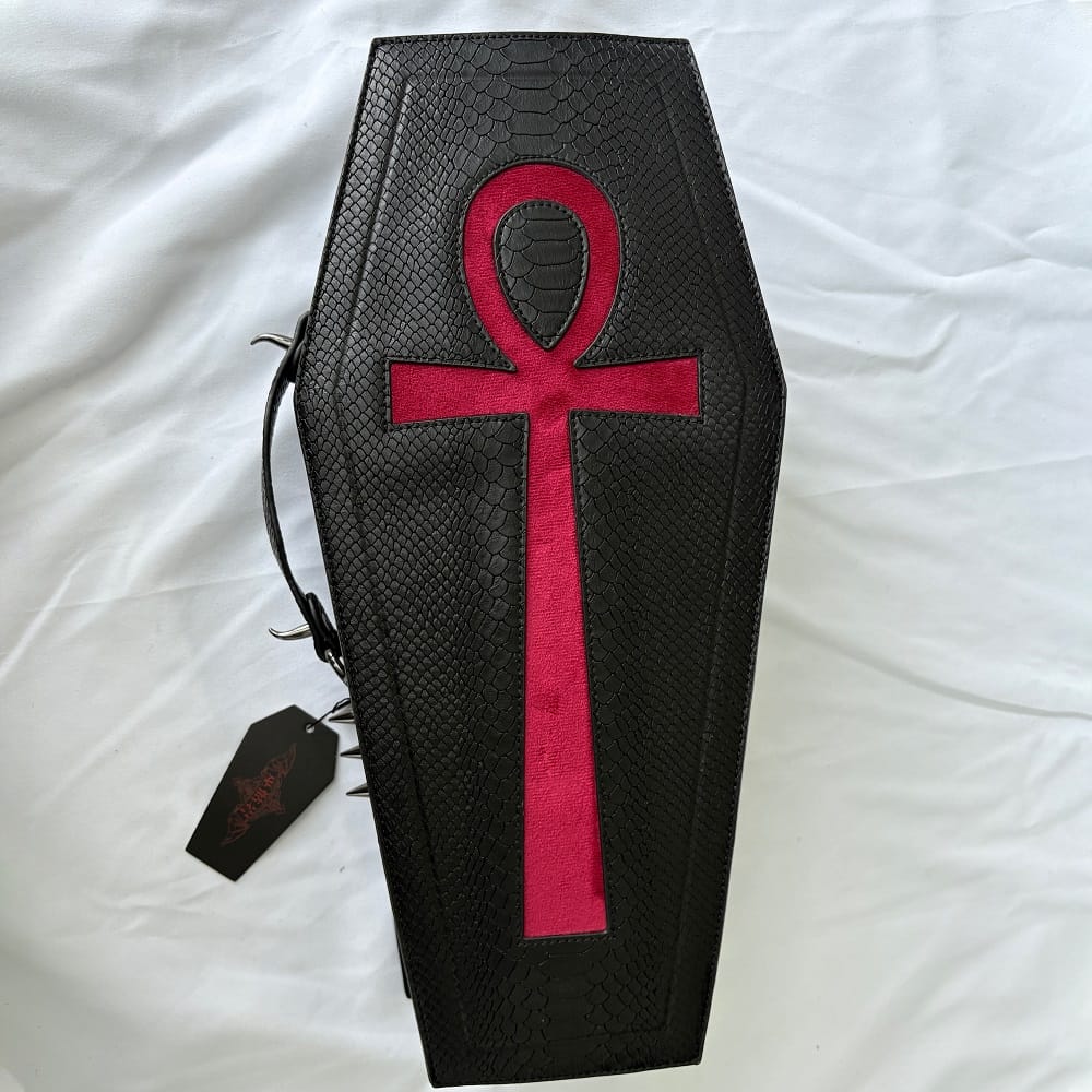 Vukora Women's Gothic Cross Bat Wing Coffin Faux Leather Bag Black