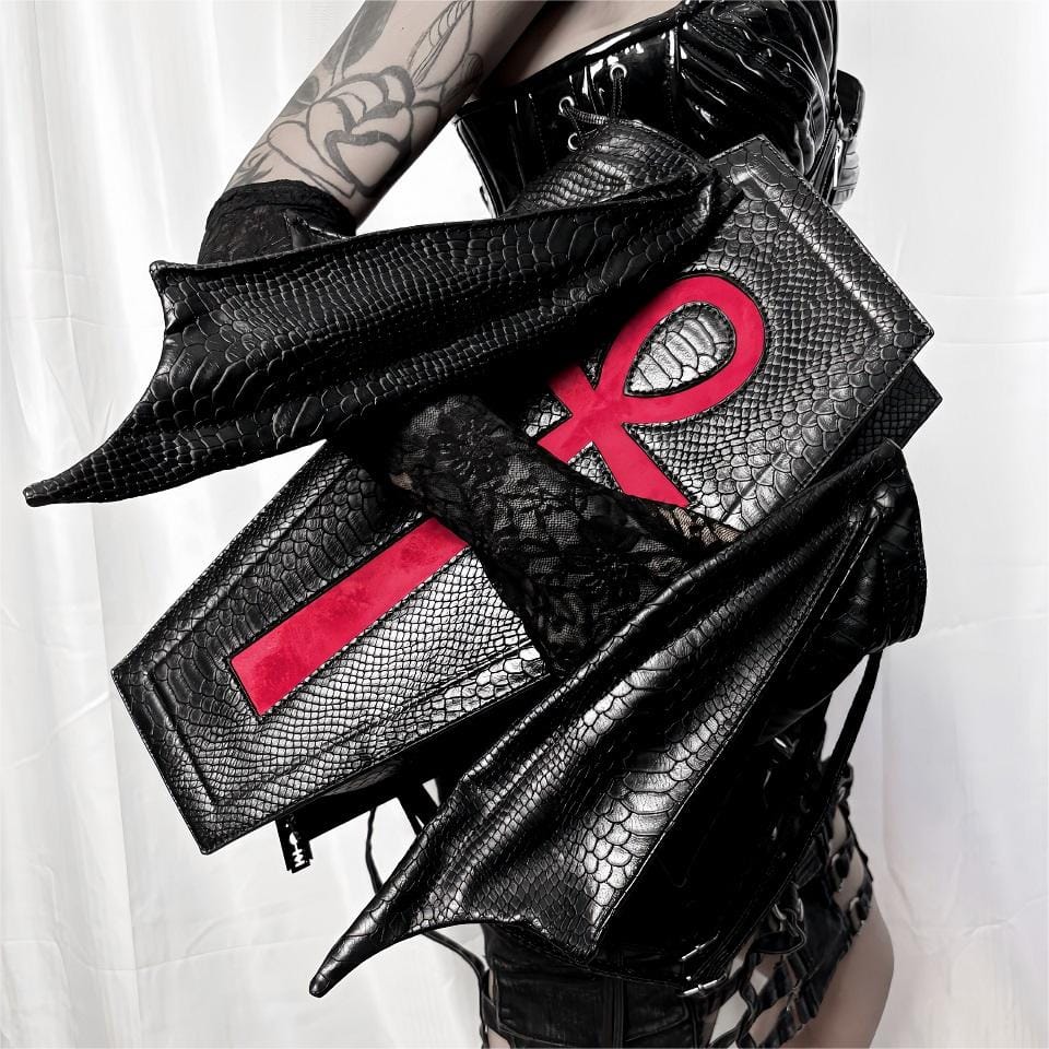 Vukora Women's Gothic Cross Bat Wing Coffin Faux Leather Bag Black