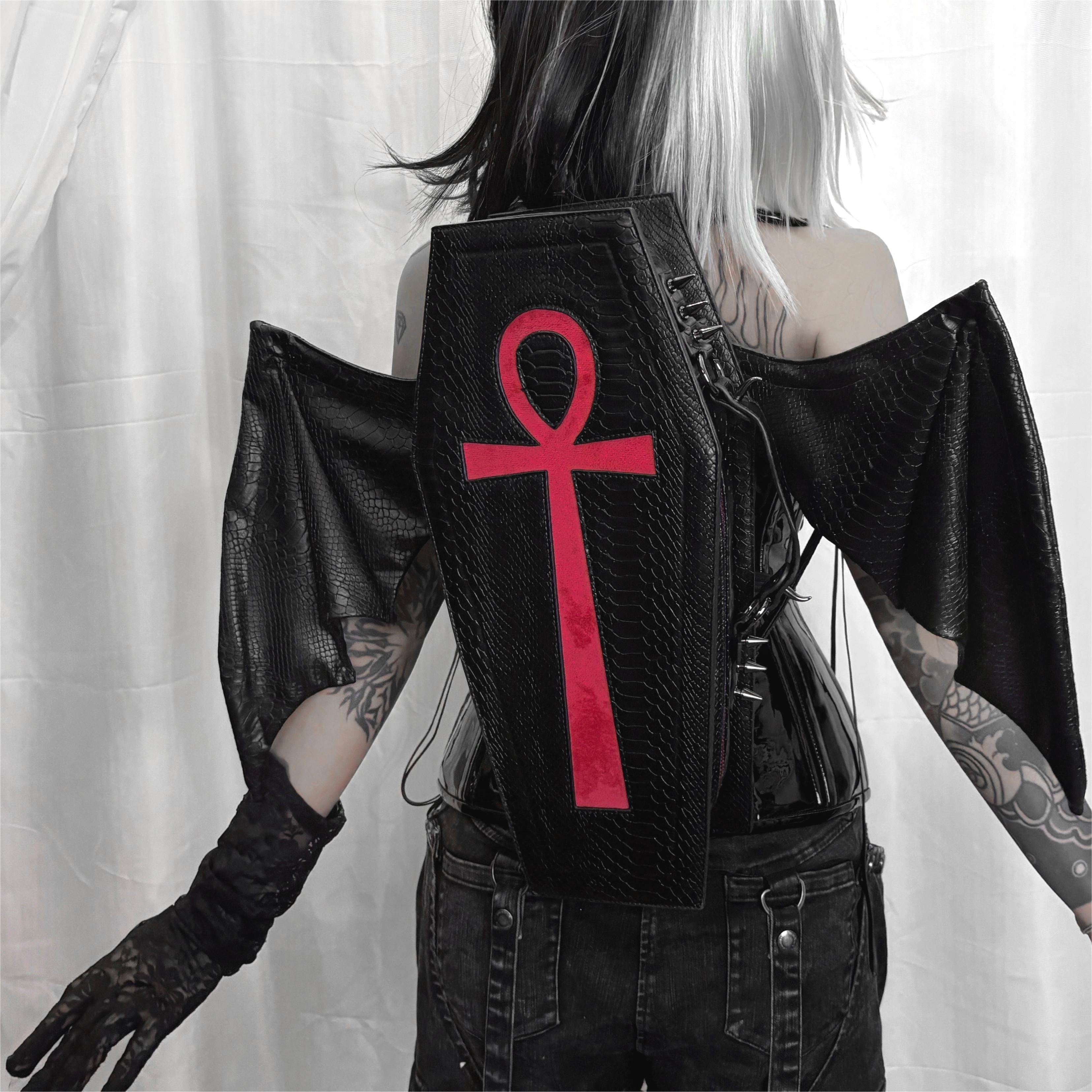 Vukora Women's Gothic Cross Bat Wing Coffin Faux Leather Bag Black