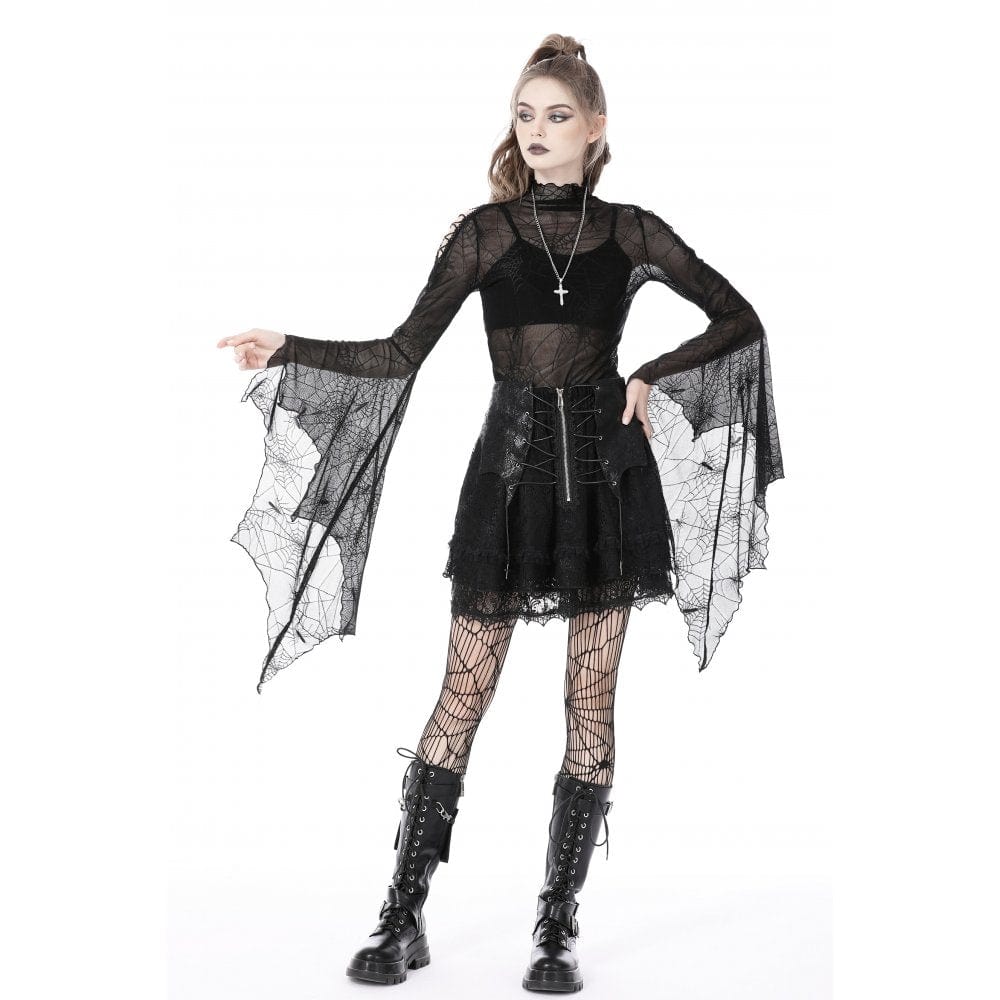 Darkinlove Women's Gothic Flared Sleeved Spider Web Sheer Shirt