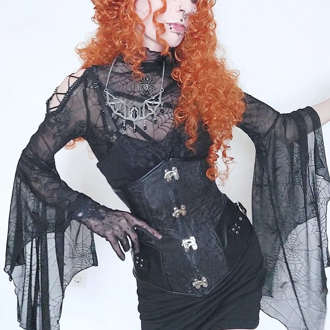 Darkinlove Women's Gothic Flared Sleeved Spider Web Sheer Shirt