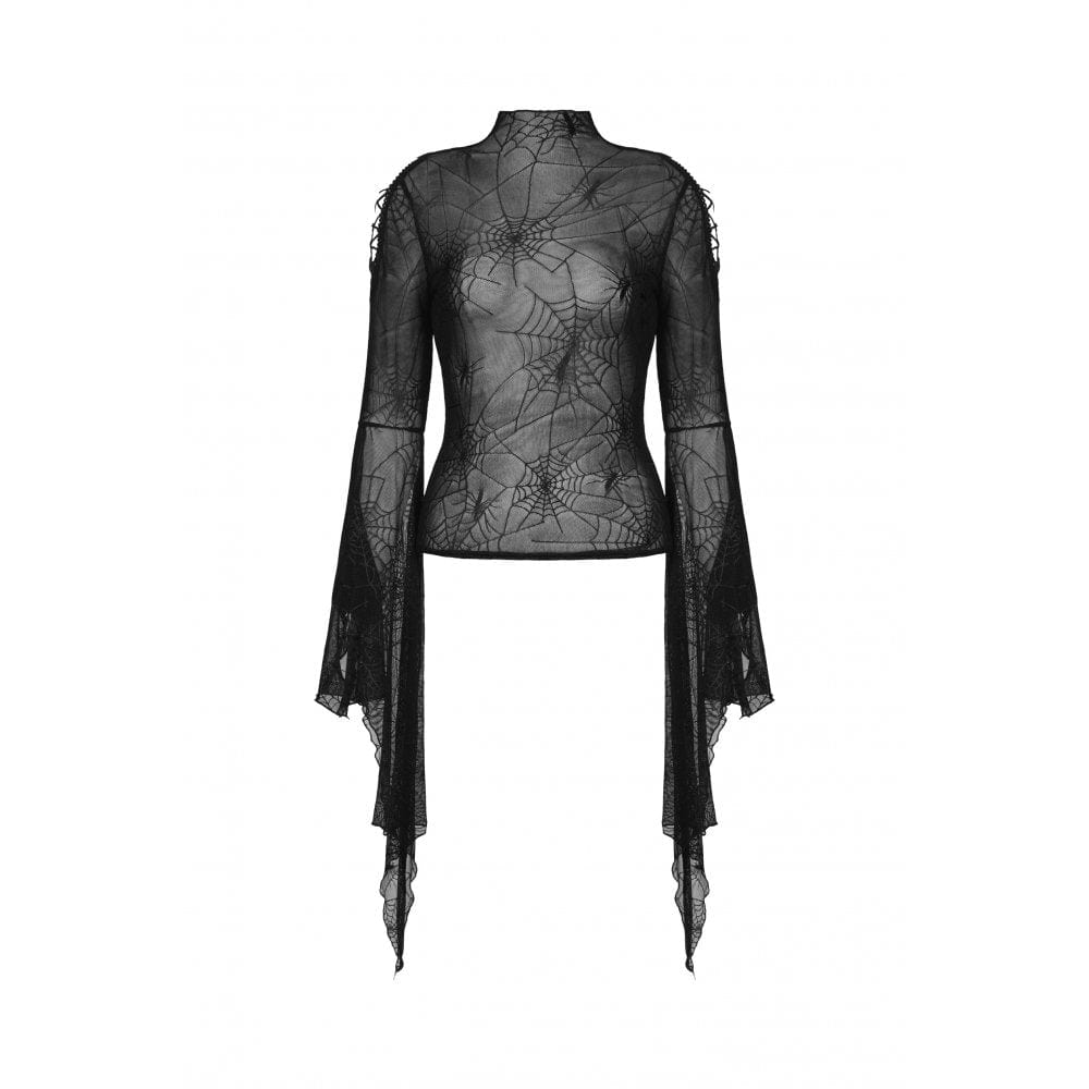 Darkinlove Women's Gothic Flared Sleeved Spider Web Sheer Shirt