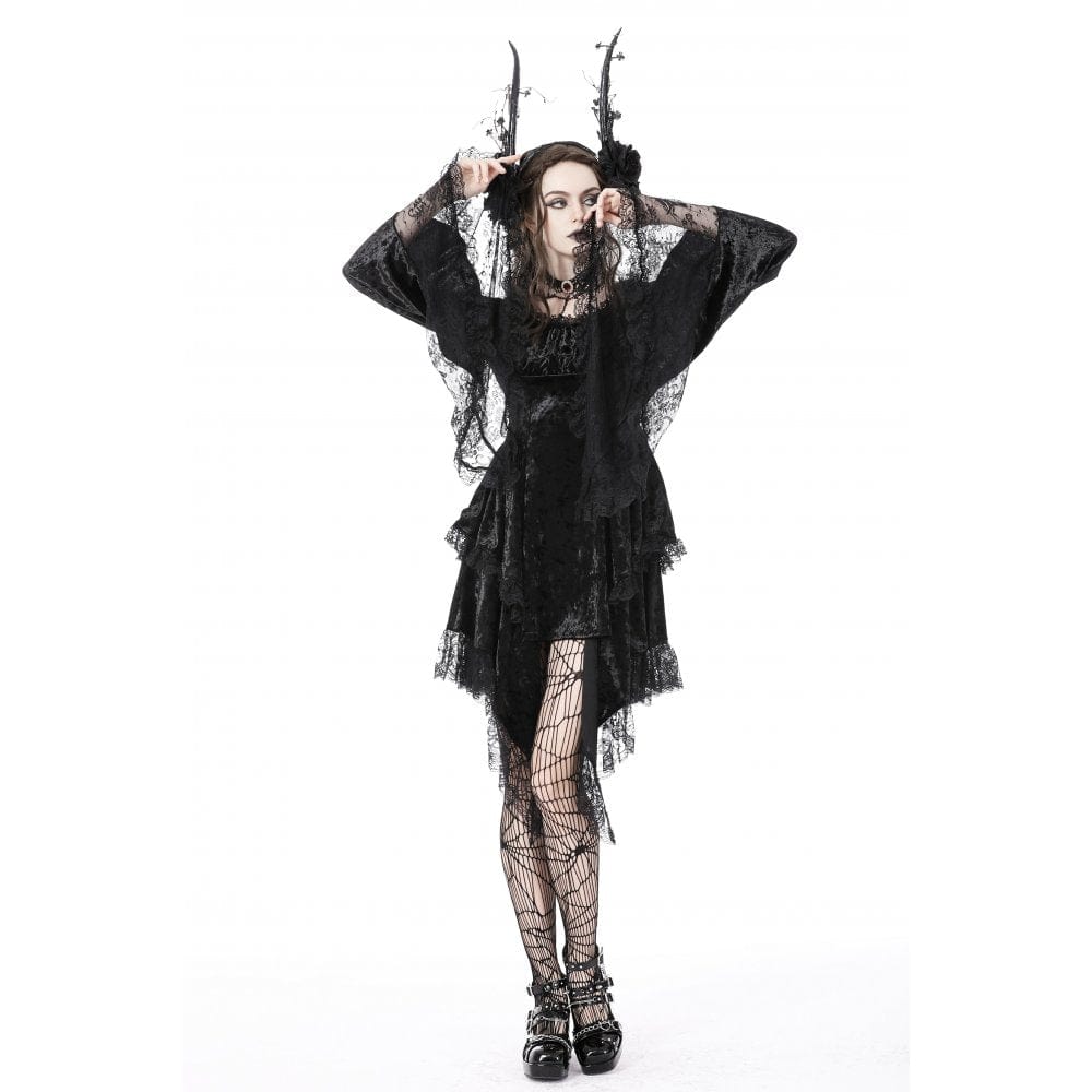 Darkinlove Women's Gothic Irregular Flare Sleeved Lace Splice Velvet Dress