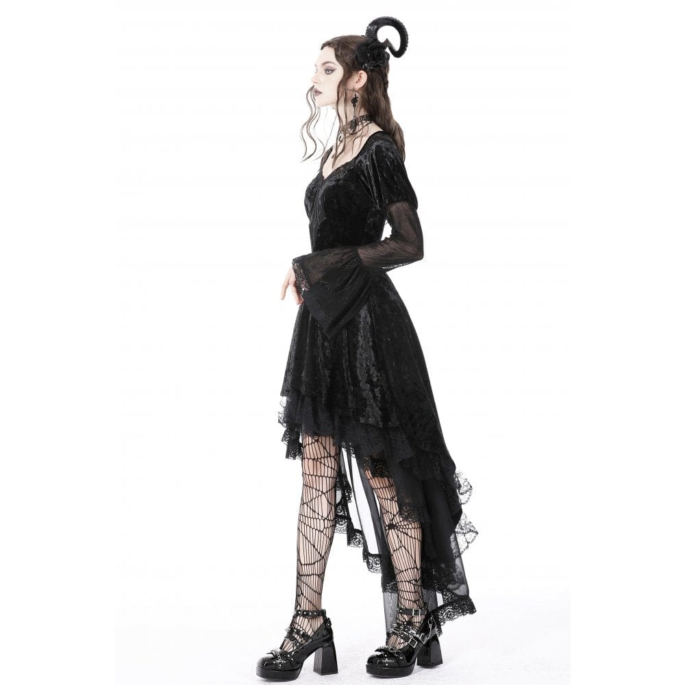 Darkinlove Women's Gothic Irregular Lace Layered Velvet Dress