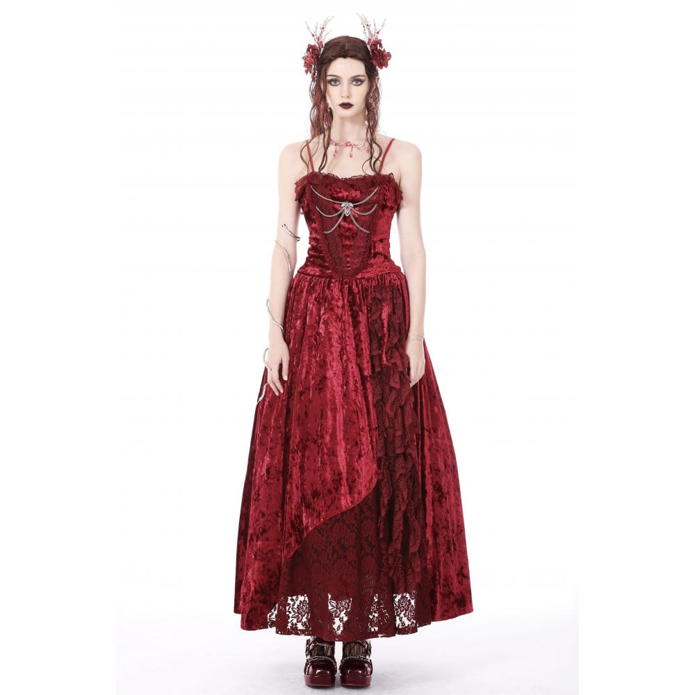 Darkinlove Women's Gothic Lace Splice Velvet Slip Dress