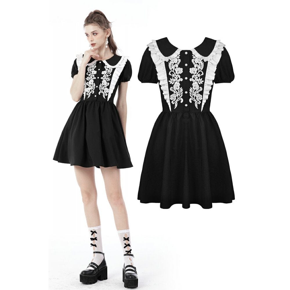 Darkinlove Women's Gothic Lolita Peter Pan Collar Floral Shirt Dress