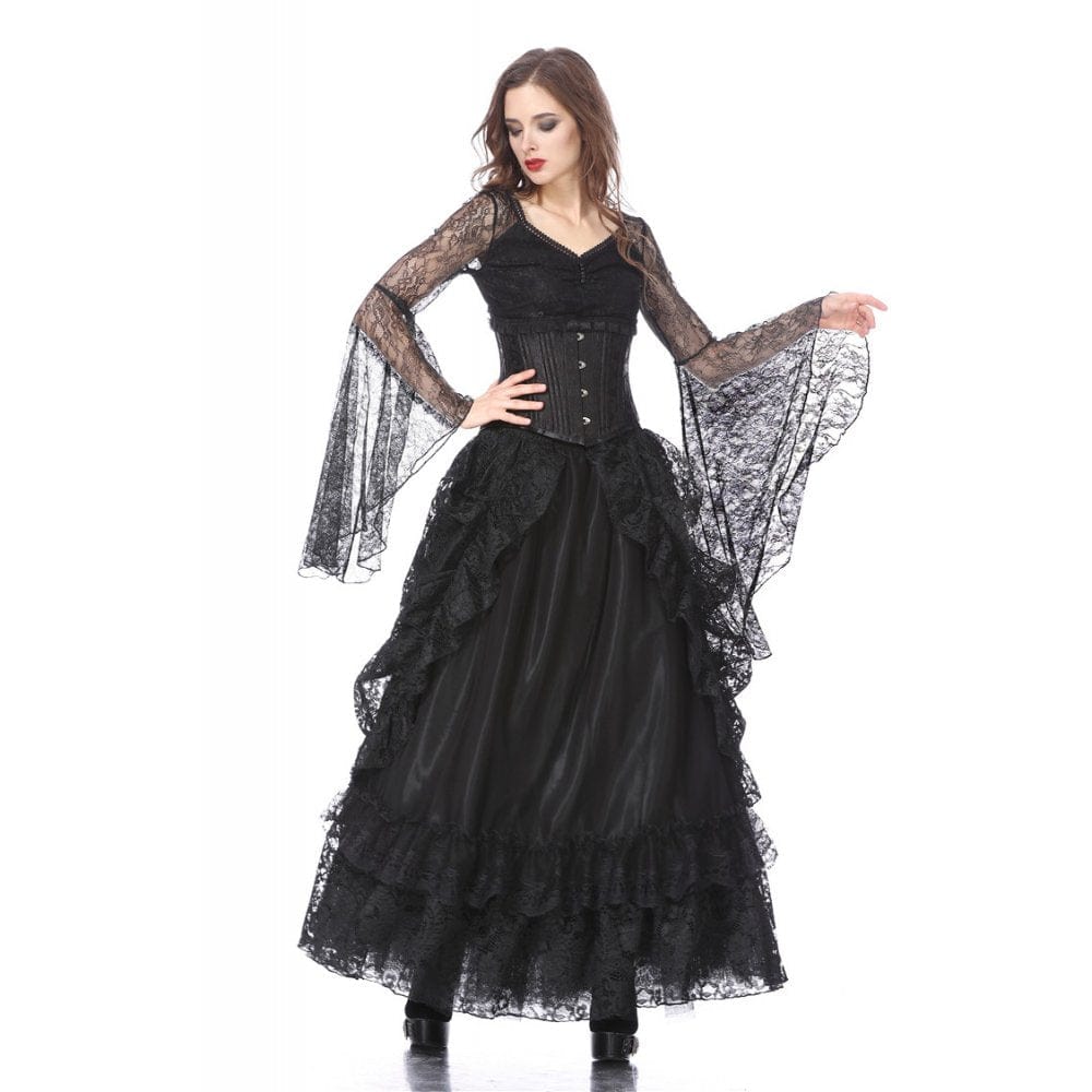 Darkinlove Women's Gothic Multilayer Lace Maxi Skirt