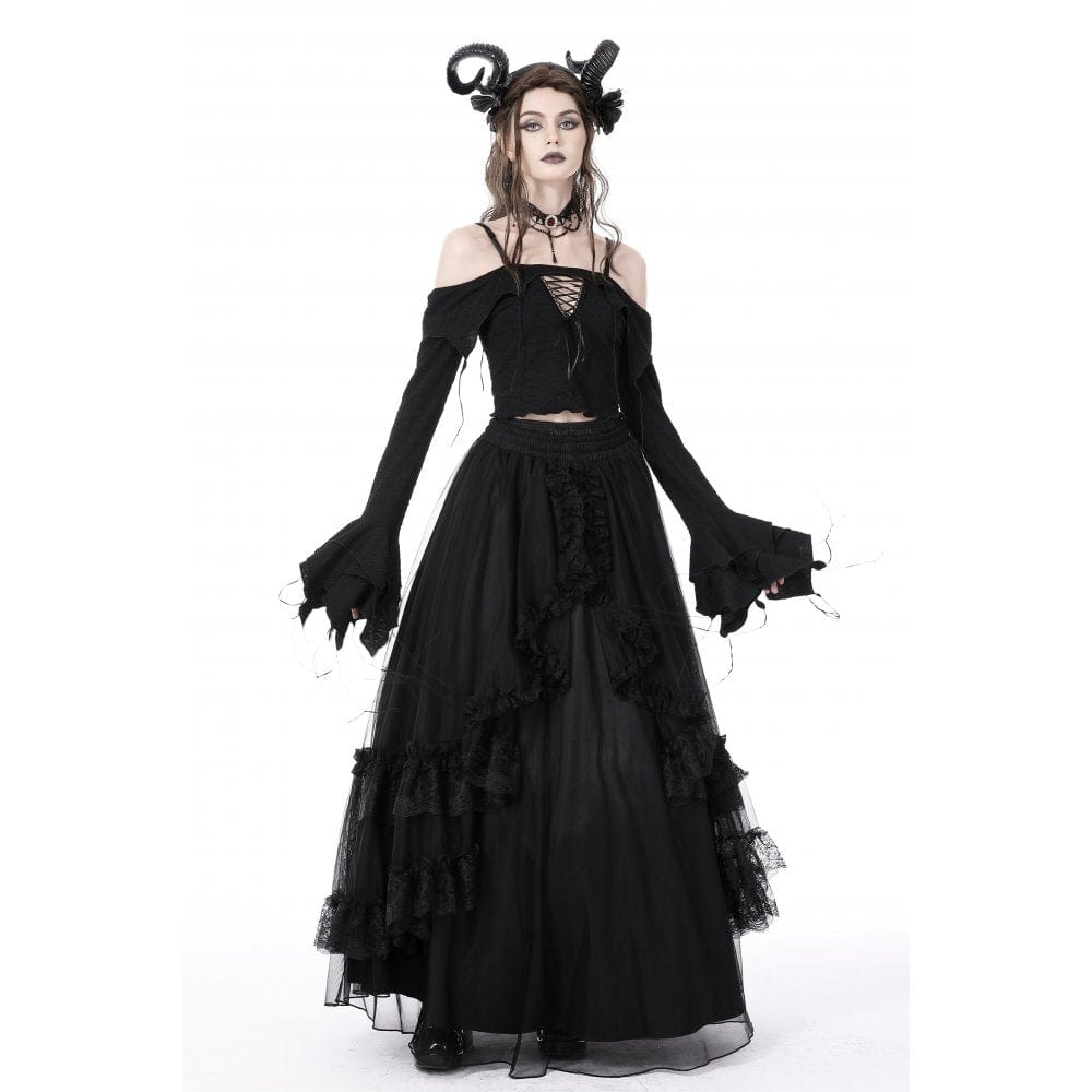 Darkinlove Women's Gothic Off Shoulder Flared Sleeved Crop Top