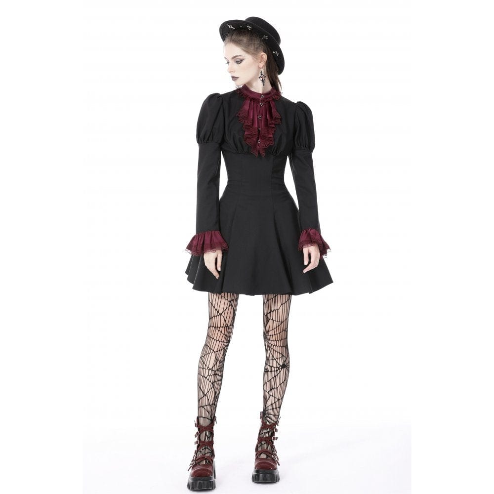Darkinlove Women's Gothic Puff Sleeved Frilly Necktie Dress