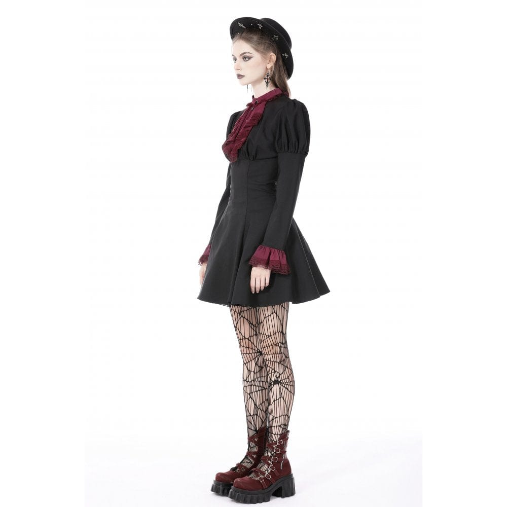 Darkinlove Women's Gothic Puff Sleeved Frilly Necktie Dress