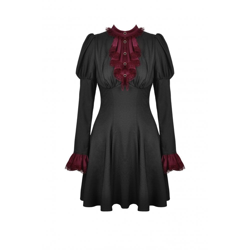 Darkinlove Women's Gothic Puff Sleeved Frilly Necktie Dress