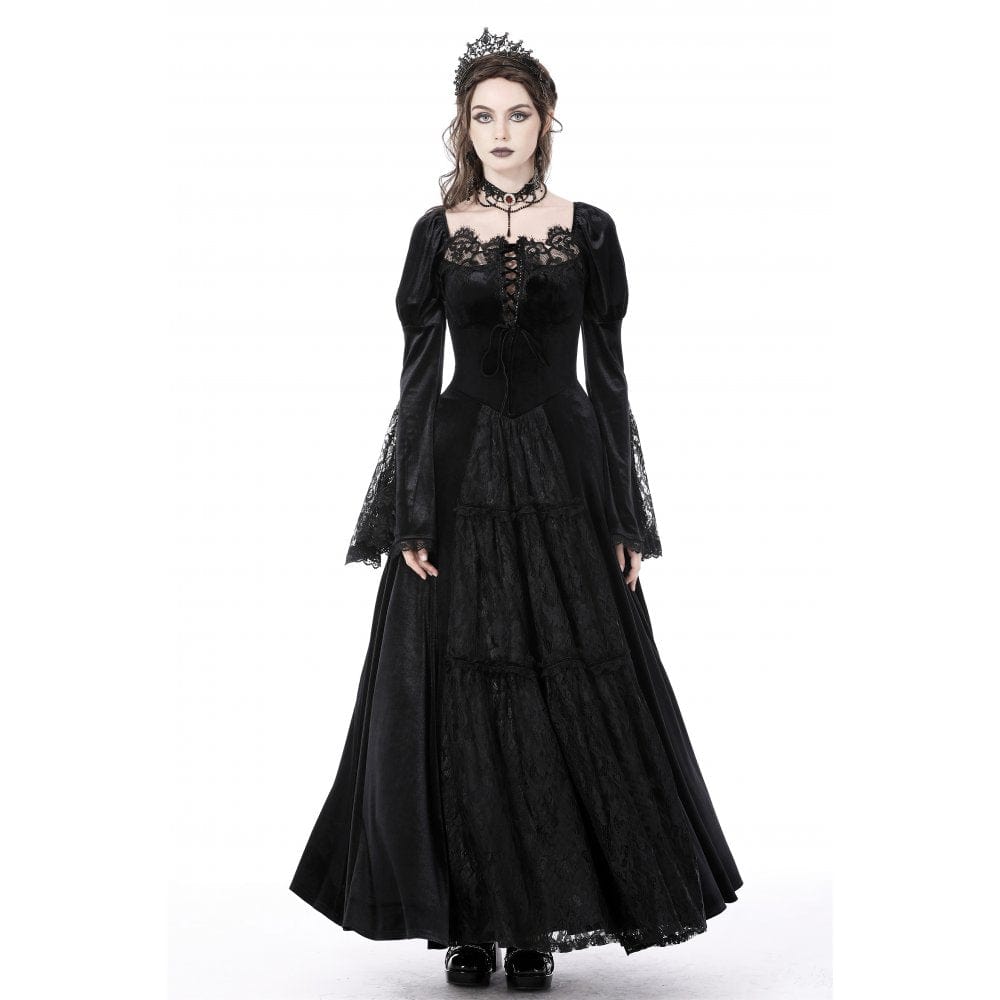 Darkinlove Women's Gothic Puff Sleeved Lace Splice Velvet Dress