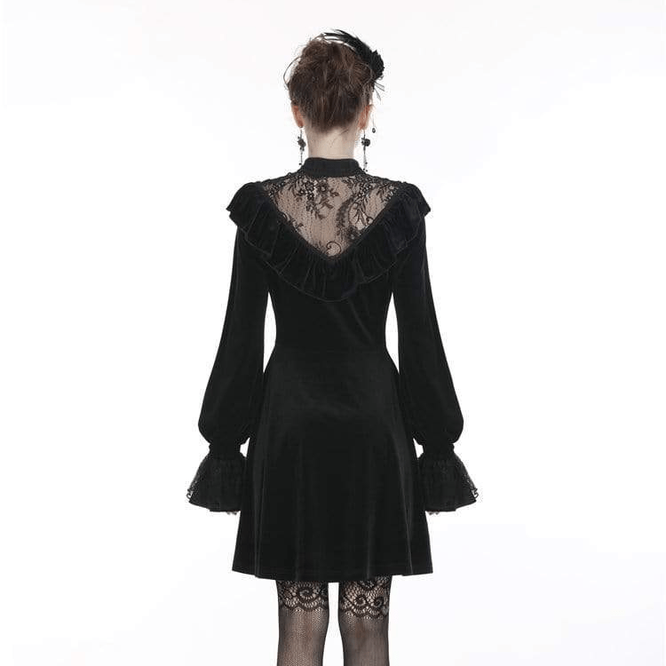 Darkinlove Women's Gothic Ruched Lace V-neck Velvet Dresses