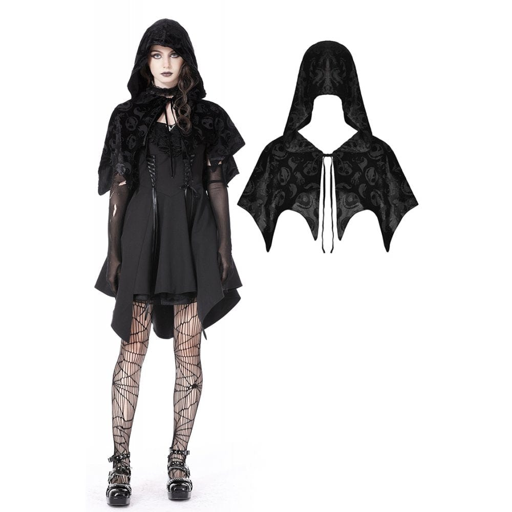 Darkinlove Women's Gothic Skull Printed Velvet Cape with Hood