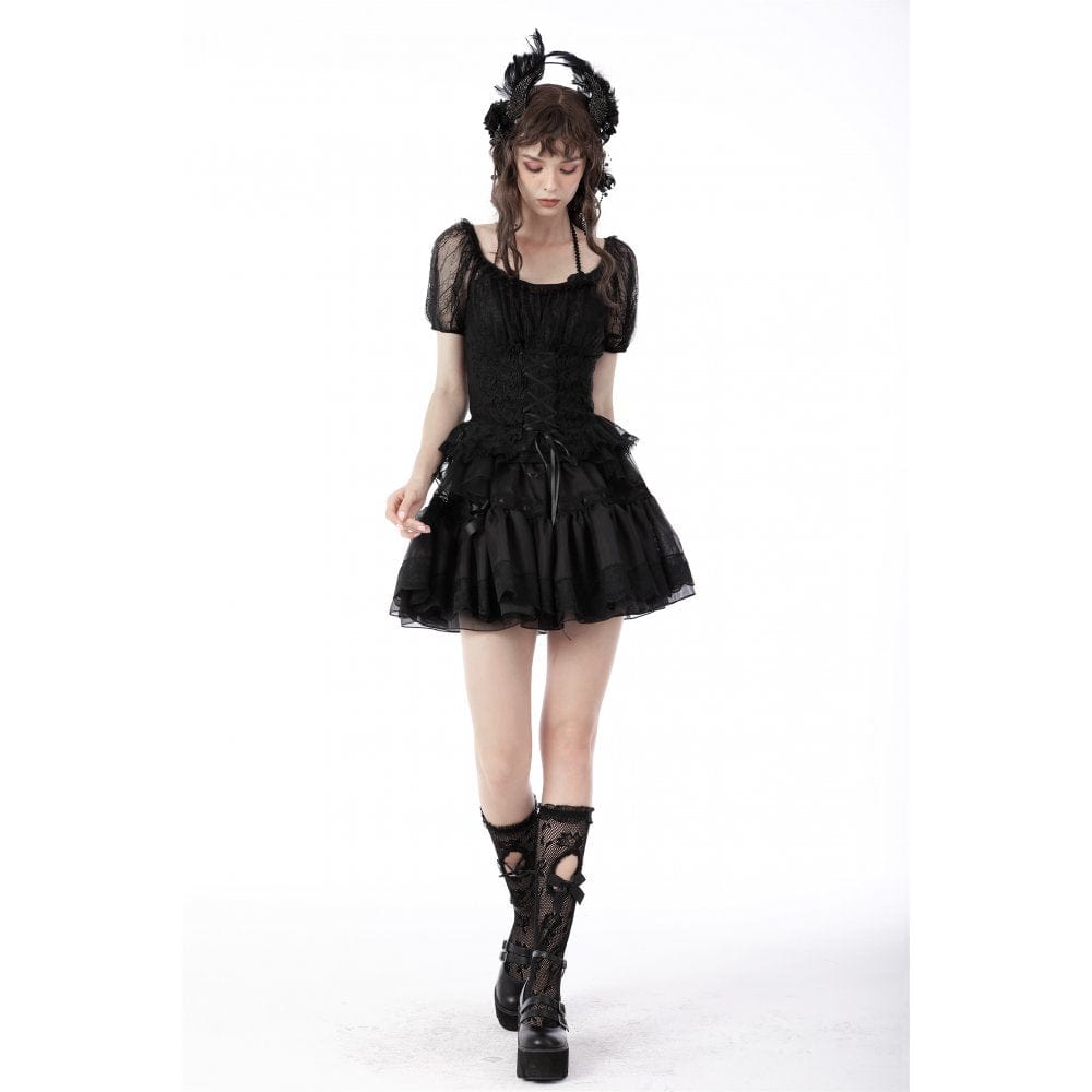 Darkinlove Women's Gothic Swallow Tail Puff Sleeved Lace Top