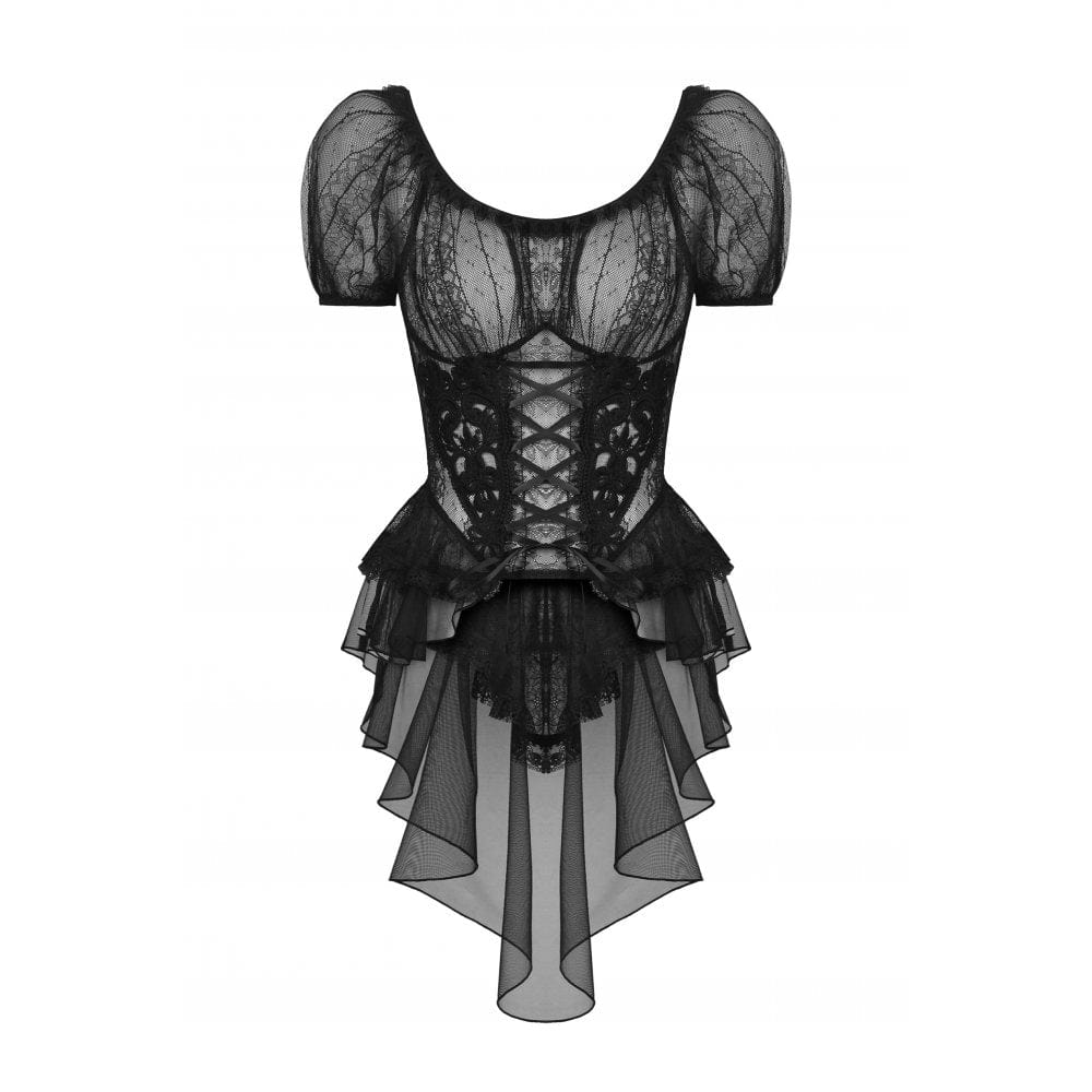 Darkinlove Women's Gothic Swallow Tail Puff Sleeved Lace Top