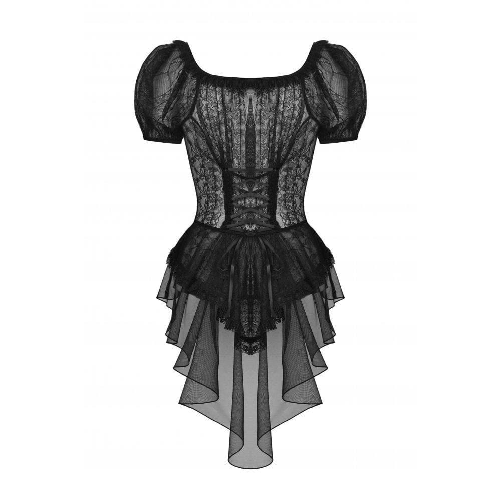 Darkinlove Women's Gothic Swallow Tail Puff Sleeved Lace Top