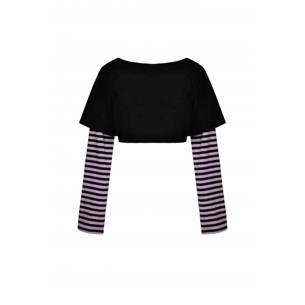 Darkinlove Women's Grunge Cat Printed Striped Sleeve Crop Top