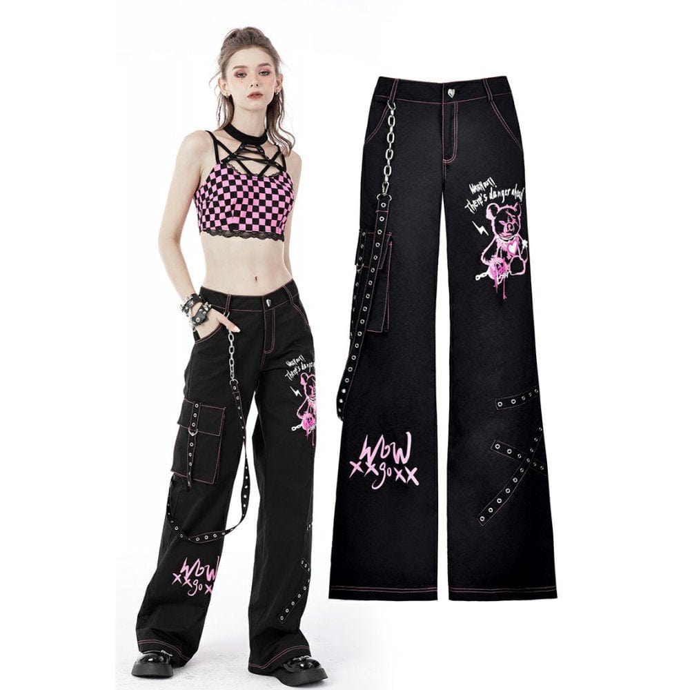 Darkinlove Women's Grunge Dangerous Bear Bell-bottoms with Belt