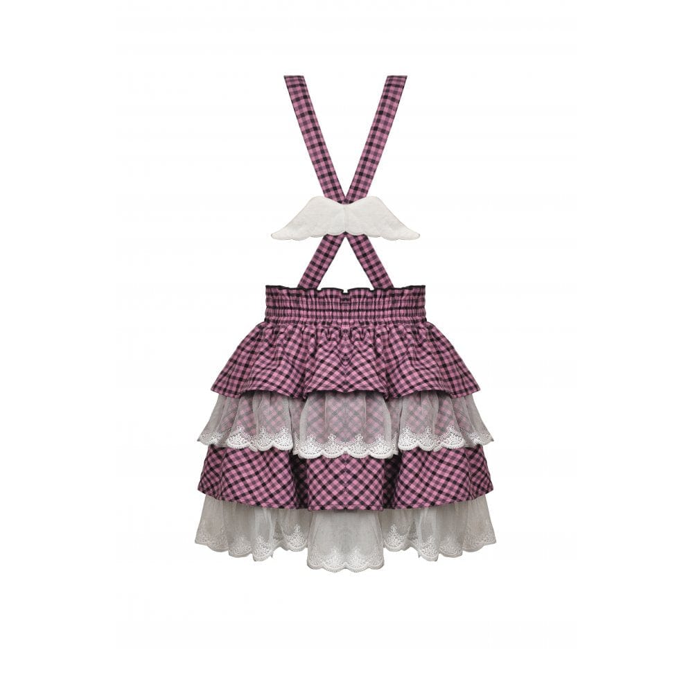 Darkinlove Women's Lolita Angel Multilayer Plaid Suspender Skirt