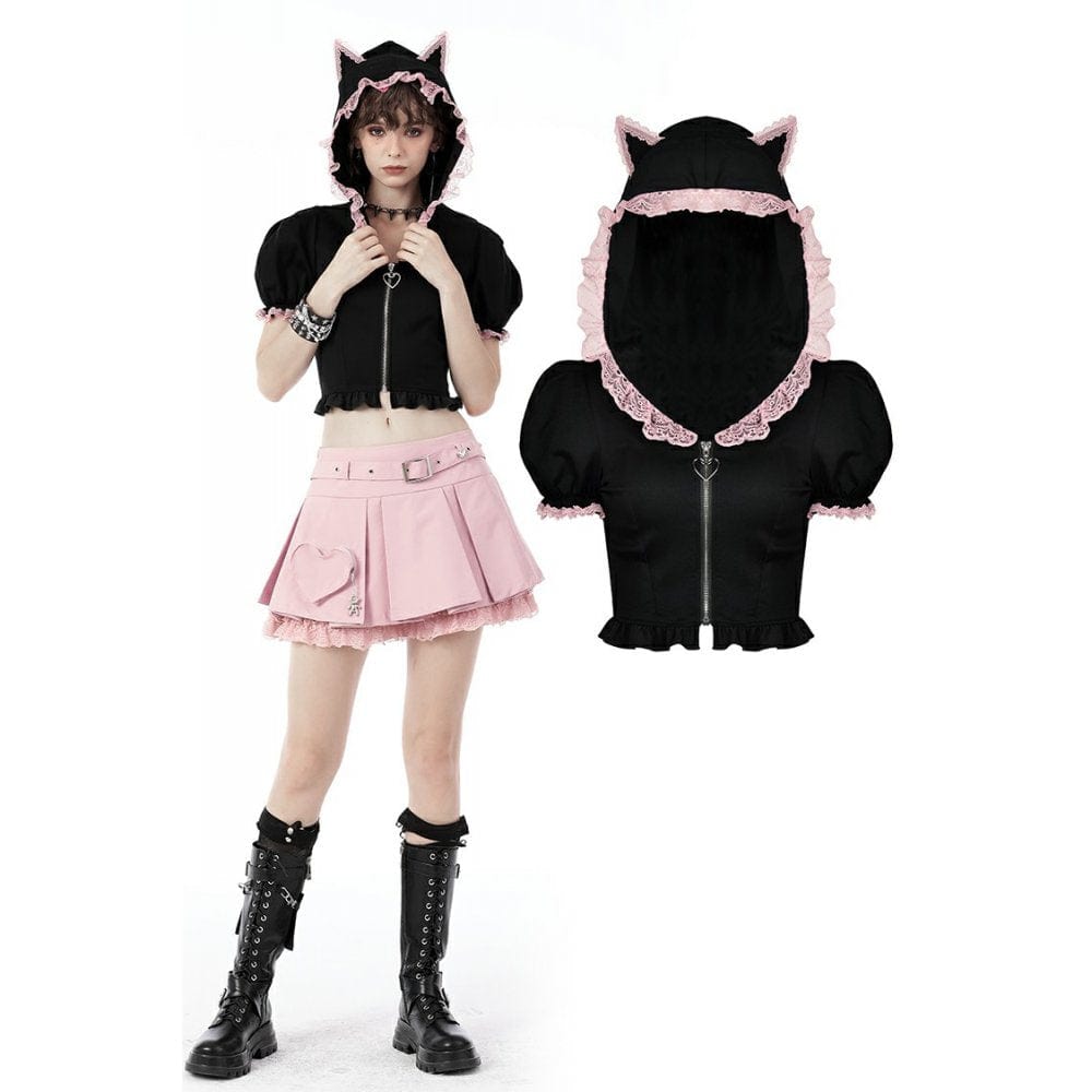 Darkinlove Women's Lolita Front Zip Short Sleeved Crop Top with Cat Hood