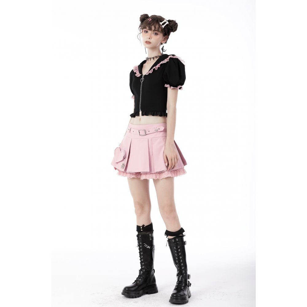 Darkinlove Women's Lolita Front Zip Short Sleeved Crop Top with Cat Hood