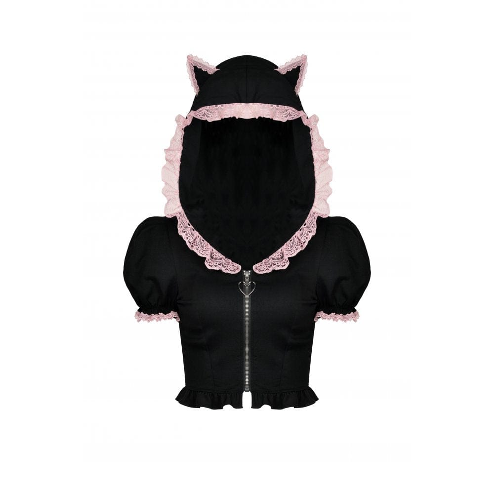 Darkinlove Women's Lolita Front Zip Short Sleeved Crop Top with Cat Hood