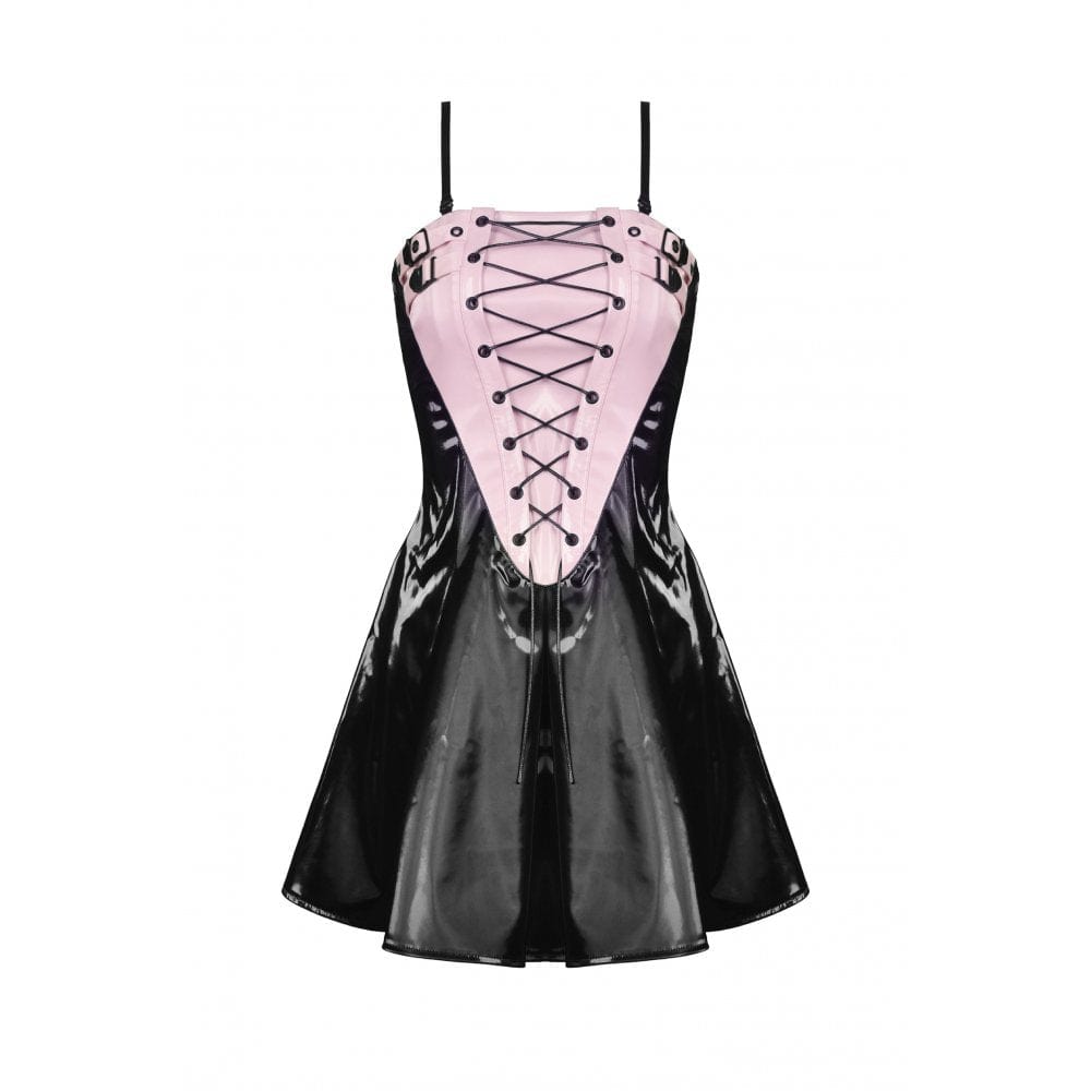 Darkinlove Women's Punk Contrast Color Patent Leather Slip Dress