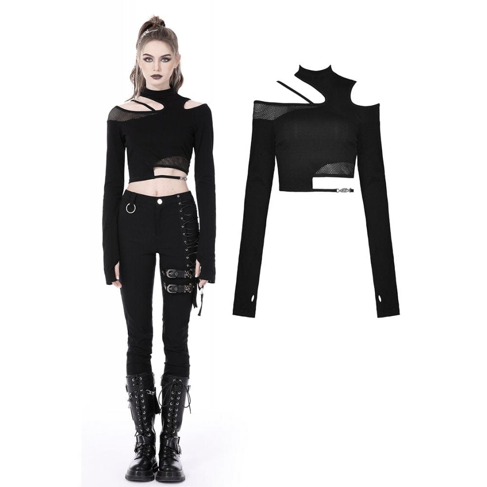 Darkinlove Women's Punk Irregular Cutout Mesh Splice Crop Top