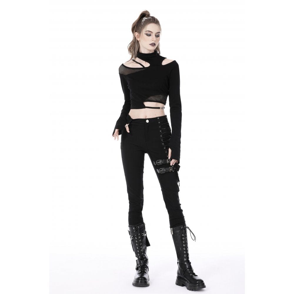 Darkinlove Women's Punk Irregular Cutout Mesh Splice Crop Top