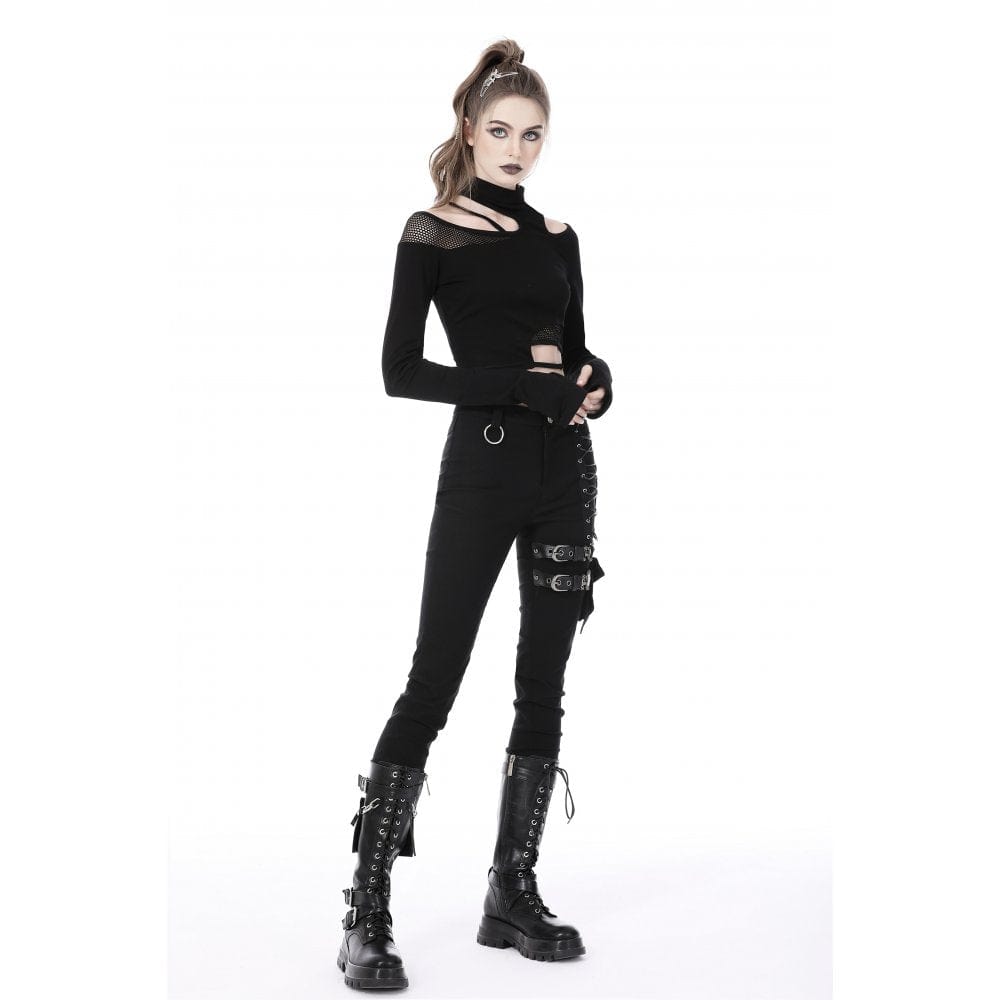 Darkinlove Women's Punk Irregular Cutout Mesh Splice Crop Top