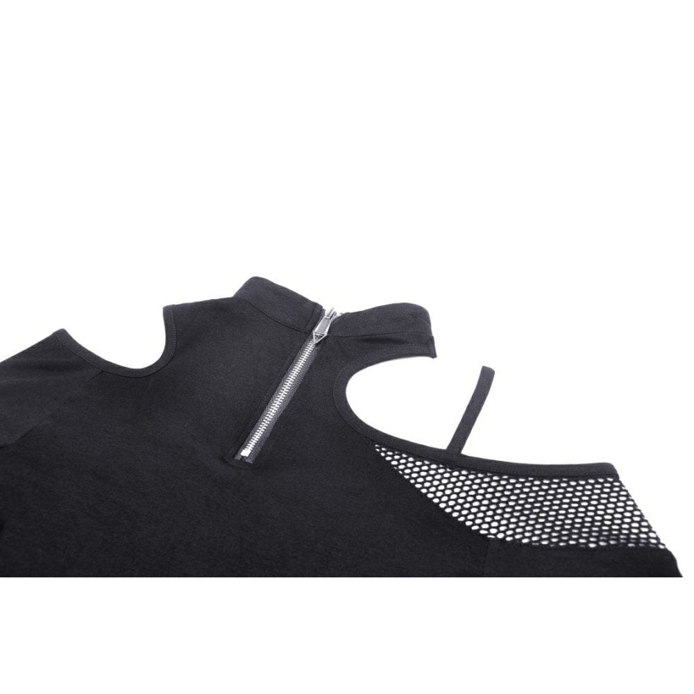 Darkinlove Women's Punk Irregular Cutout Mesh Splice Crop Top