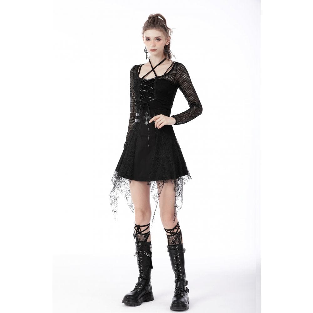 Darkinlove Women's Punk Lacing-up Sheer Long Sleeved Mesh Top