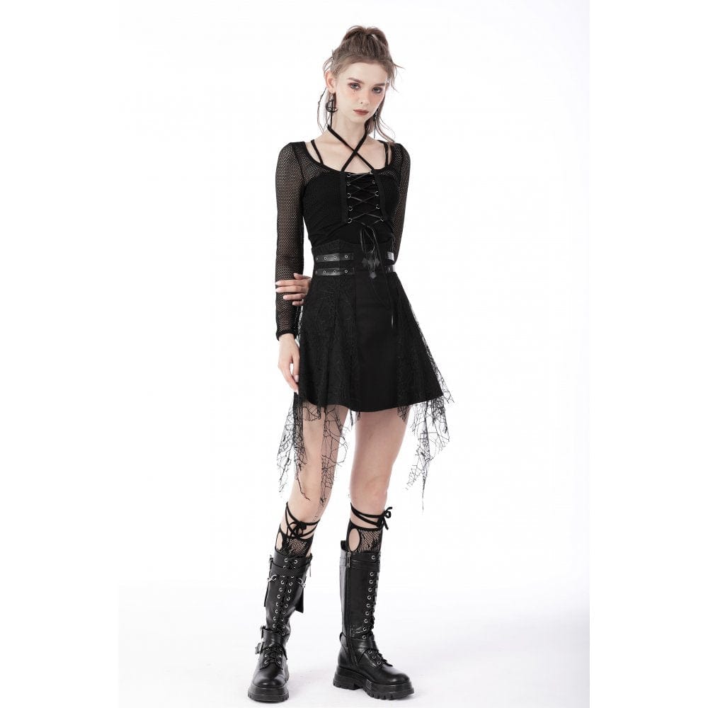 Darkinlove Women's Punk Lacing-up Sheer Long Sleeved Mesh Top