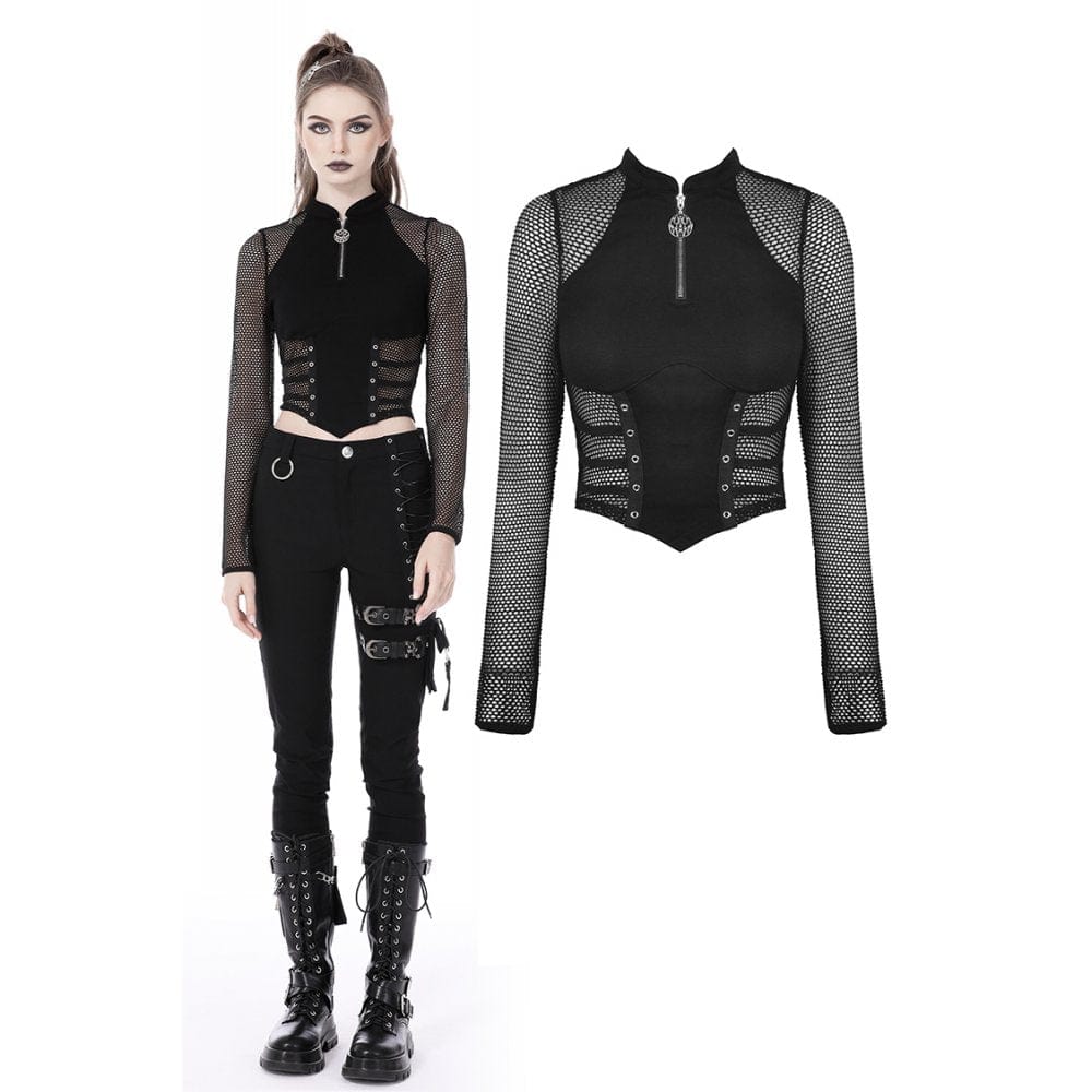 Darkinlove Women's Punk Mesh Splice Eyelets Crop Top
