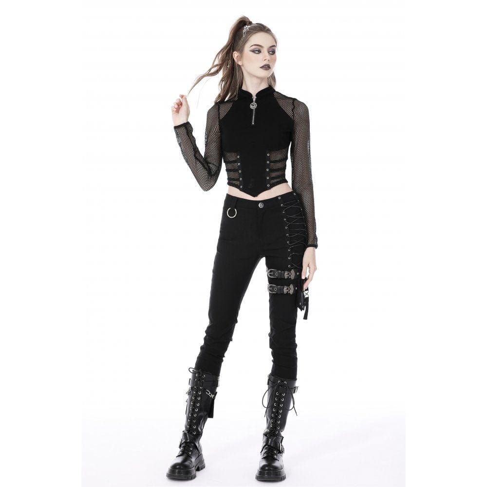 Darkinlove Women's Punk Mesh Splice Eyelets Crop Top