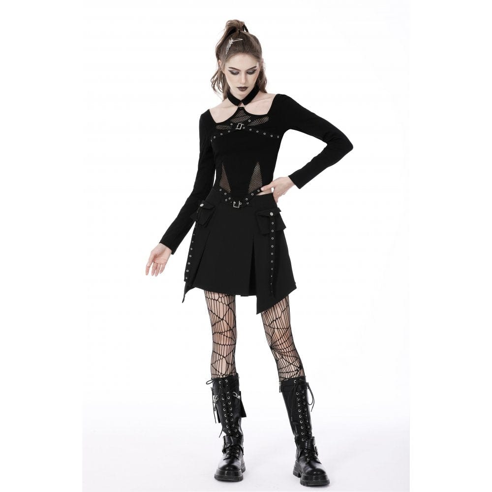 Darkinlove Women's Punk Mesh Splice Halterneck Crop Top